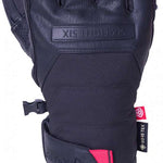 The 686 Apex gloves are black with pink accents and have a distinctive red pull strap on the cuff.
