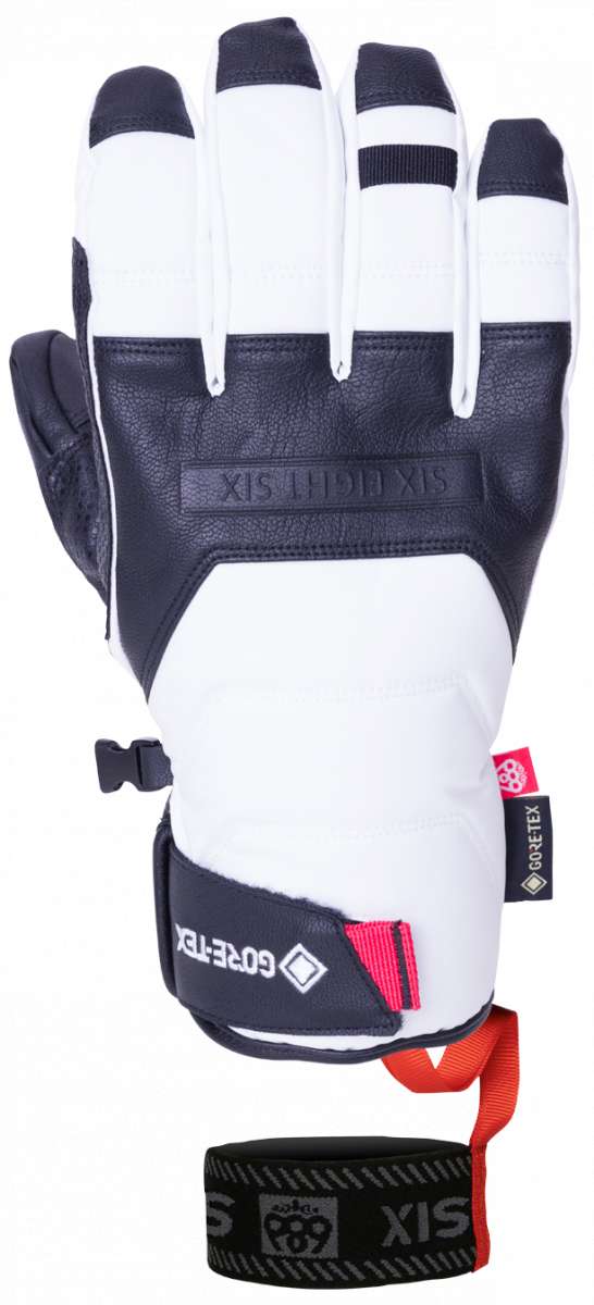 The 686 brand offers the Apex GORE-TEX Gloves in white with black accents and a pink BOA dial on the cuff.