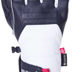 The 686 brand offers the Apex GORE-TEX Gloves in white with black accents and a pink BOA dial on the cuff.