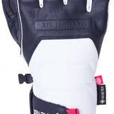 The 686 brand offers the Apex GORE-TEX Gloves in white with black accents and a pink BOA dial on the cuff.