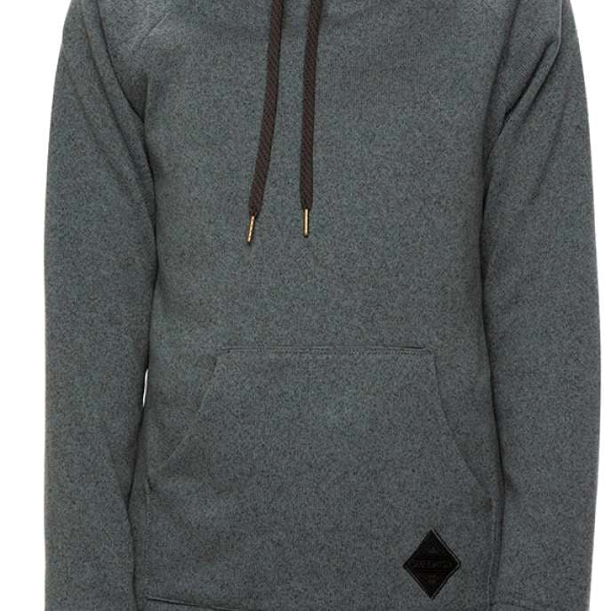 The 686 Women's Balance Pullover Fleece 2022 in dark gray heather features gold aglets on its brown drawstrings.