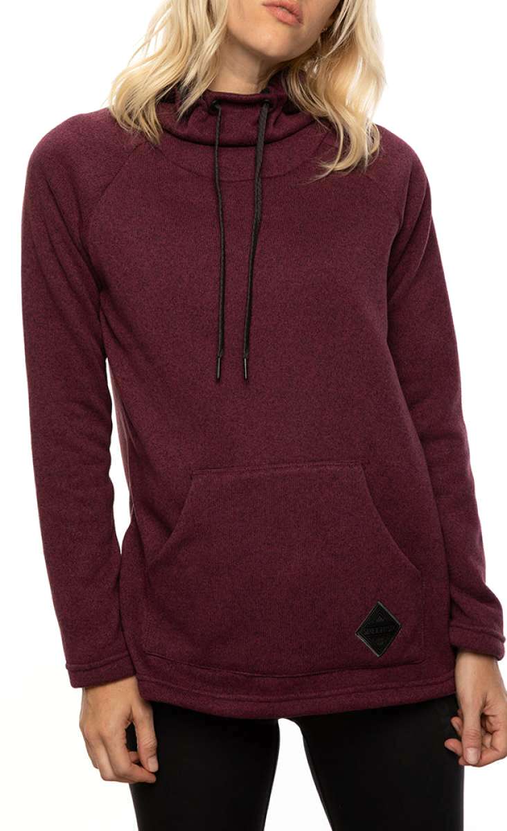 The 686 Women's Balance Pullover Fleece 2022 is a burgundy fleece jacket with a black drawstring and two front pockets.