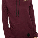 The 686 Women's Balance Pullover Fleece 2022 is a burgundy fleece jacket with a black drawstring and two front pockets.