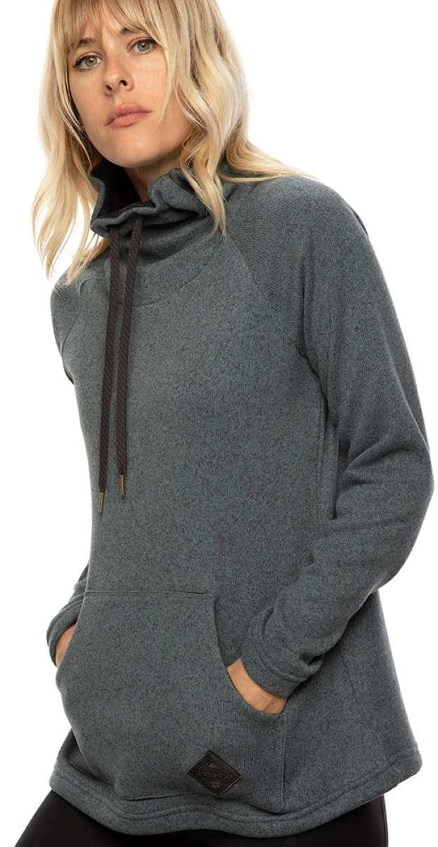 A woman with shoulder-length blonde hair wears a grey hooded fleece pullover with a front pocket and black drawstrings.