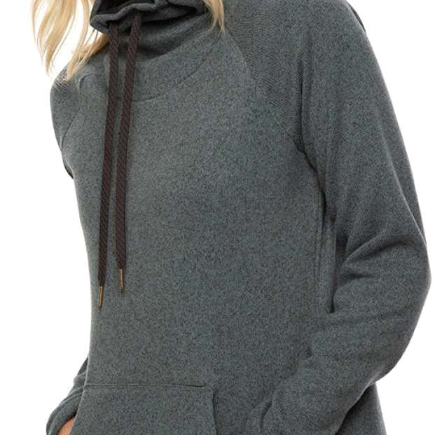 A woman with shoulder-length blonde hair wears a grey hooded fleece pullover with a front pocket and black drawstrings.