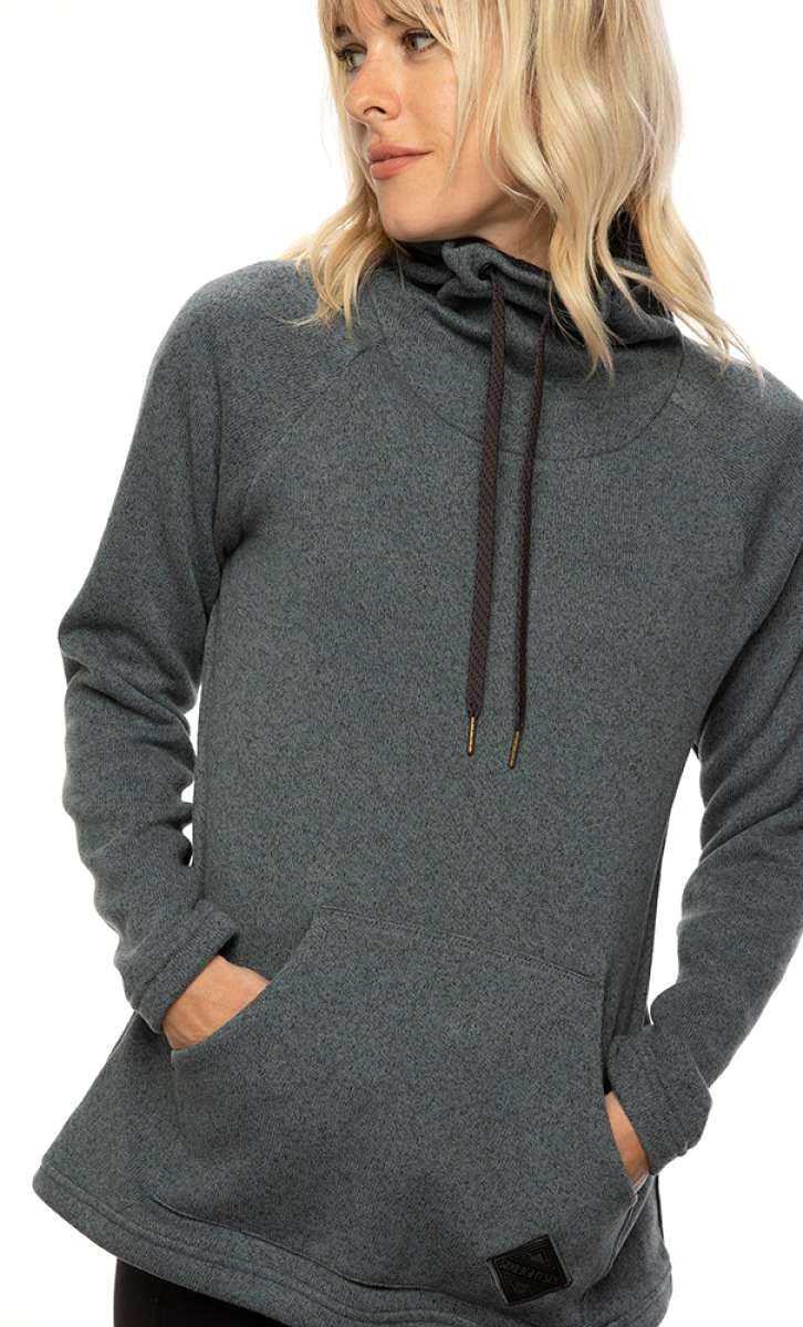 The 686 Women's Balance Pull-Over Fleece has a heathered dark grey color with a hood and two front pockets.