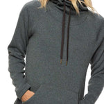 The 686 Women's Balance Pull-Over Fleece has a heathered dark grey color with a hood and two front pockets.
