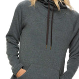 The 686 Women's Balance Pull-Over Fleece has a heathered dark grey color with a hood and two front pockets.