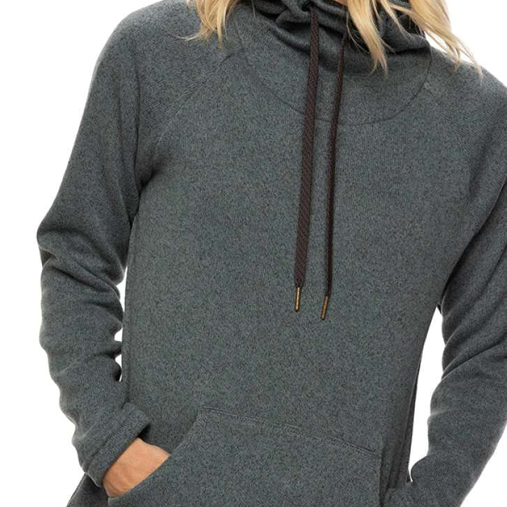 The 686 Women's Balance Pull-Over Fleece has a heathered dark grey color with a hood and two front pockets.