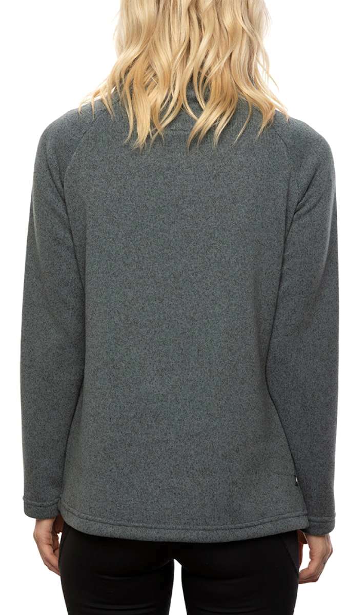 The 686 Women's Balance Pullover Fleece 2022 has a heather grey color with a zippered chest pocket and is displayed from the back view.