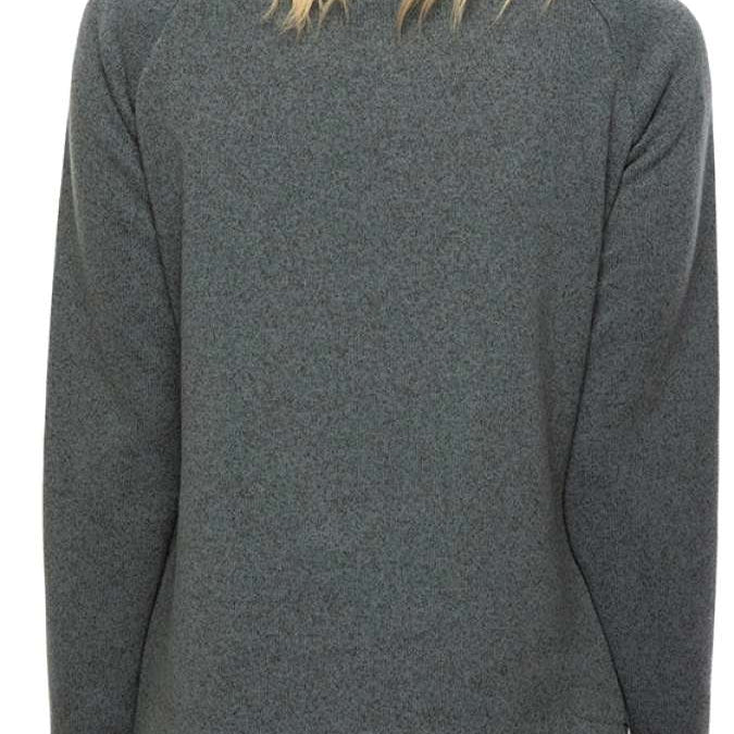 The 686 Women's Balance Pullover Fleece 2022 has a heather grey color with a zippered chest pocket and is displayed from the back view.