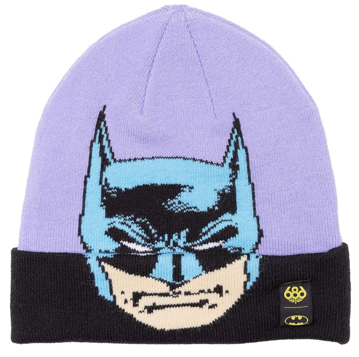 The 686 Batman Knit Beanie 2023 has a light purple color with an embroidered Batman logo on the front.