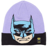The 686 Batman Knit Beanie 2023 has a light purple color with an embroidered Batman logo on the front.