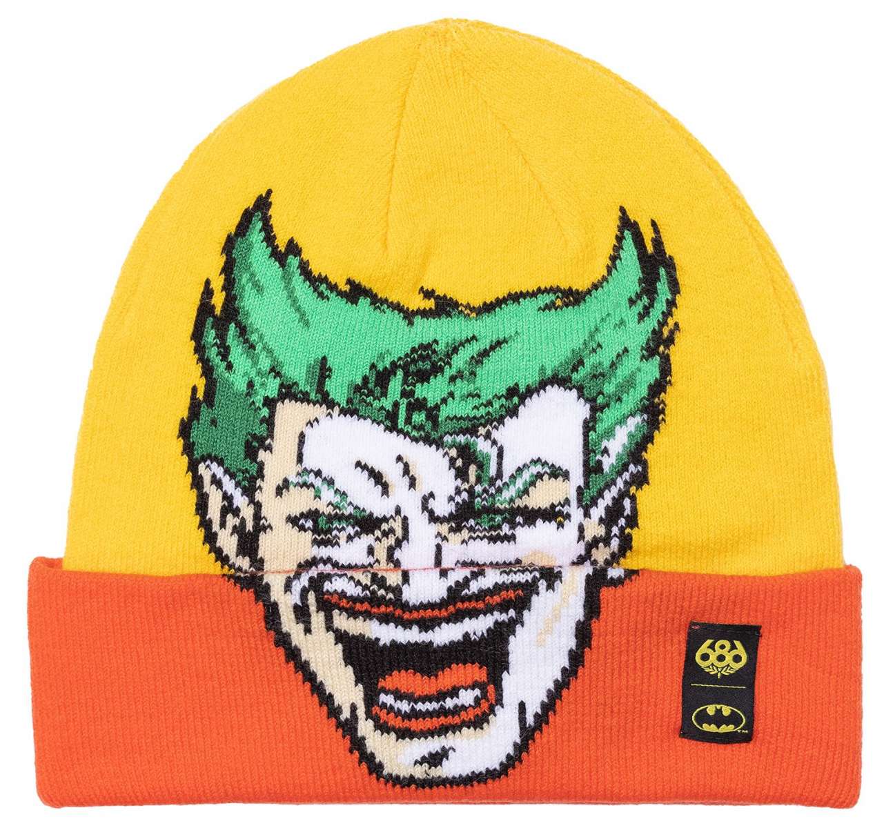 A yellow and orange beanie with an embroidered Batman logo on the front in black.
