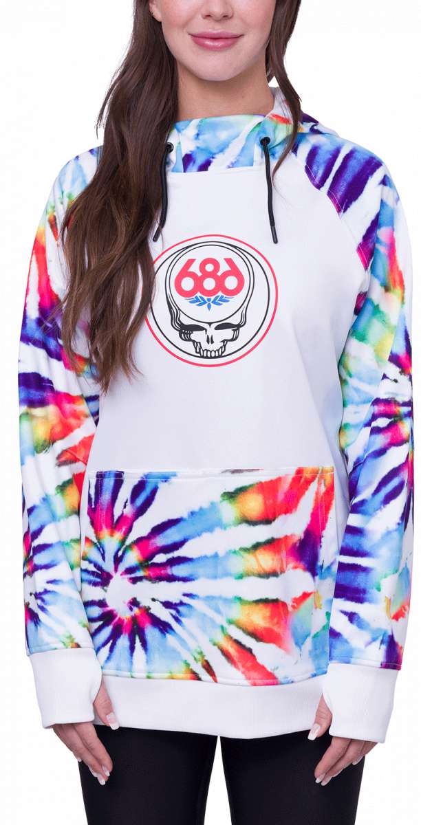 The 686 Women's Bonded Fleece Pull-Over Hoodie in white has a bold multicolored tie-dye pattern with splashes of purple, blue, pink, orange and yellow on the sleeves, hood and body.