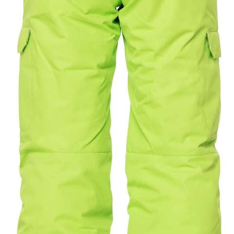 The 686 Boys Infinity Cargo Insulated Pant in neon green has two cargo pockets on the sides and a black interior lining.