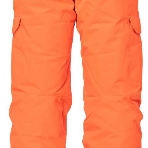 The 686 Boys Infinity Cargo Insulated Pant 2023 is bright orange with multiple cargo pockets and an adjustable waistband.