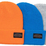 The 686 Classic Knit 3-Pack Beanie in orange, blue, and grey appears to be made from a thick knit material.