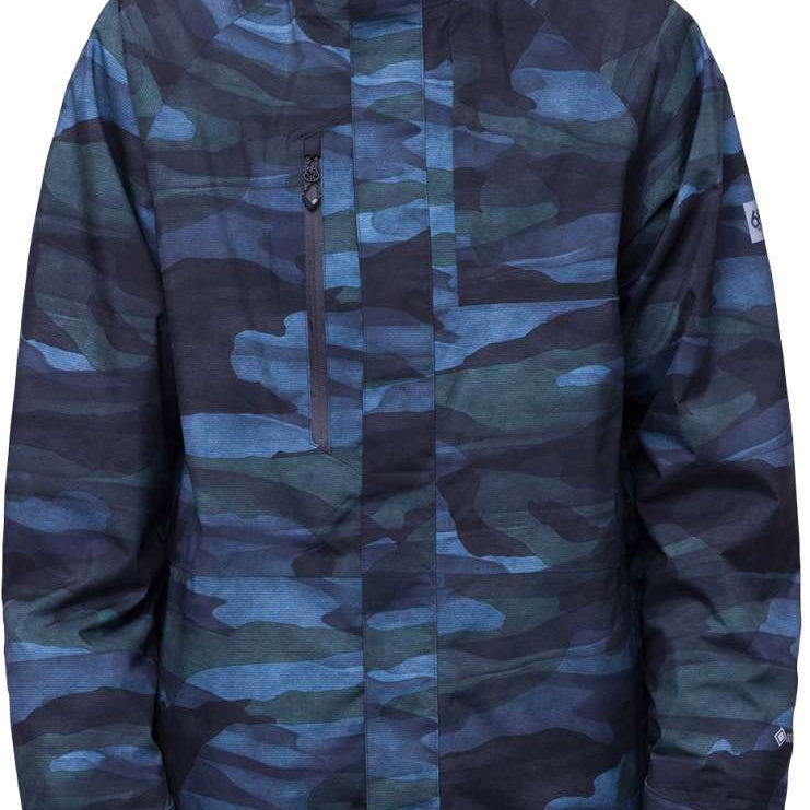 The 686 Core GORE-TEX Shell Jacket 2024 is blue and black camouflage, with a hood.