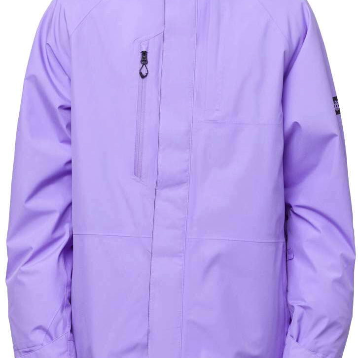 The 686 Core GORE-TEX shell jacket has a solid light purple color with a black zipper on the chest in the front view.