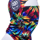 The 686 Deluxe Hinged Balaclava 2024 has a black background with a tie-dye pattern of red, yellow, green, blue, and purple colors.