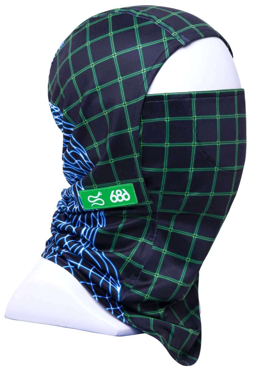 The 686 Deluxe Hinged Balaclava 2024 has a black base with green grid pattern and blue web design on left side.