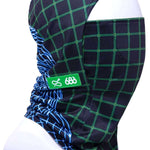The 686 Deluxe Hinged Balaclava 2024 has a black base with green grid pattern and blue web design on left side.