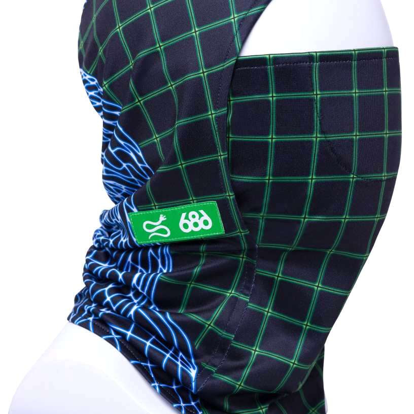 The 686 Deluxe Hinged Balaclava 2024 has a black base with green grid pattern and blue web design on left side.