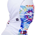 The 686 Deluxe Hinged Balaclava 2024 is predominantly white with a tie-dye pattern on the side and top visible in this front view.