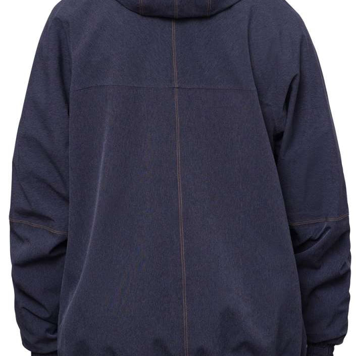 The 686 Dojo Shell Jacket 2024 is shown in navy blue with orange stitching and a hood.