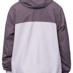 The 686 Dojo Shell Jacket 2024 in this front view has a predominantly gray color scheme with a white panel across the middle and a black hood.