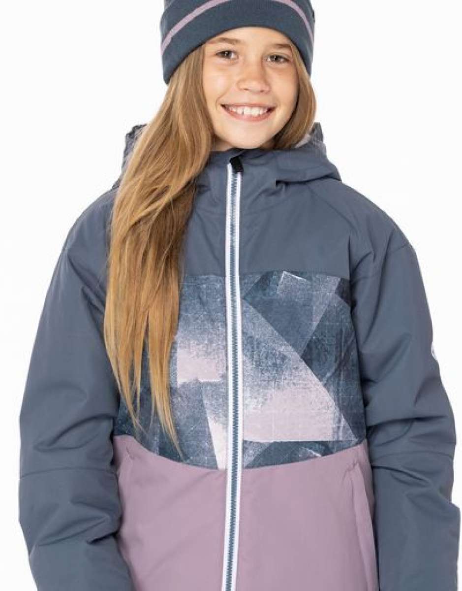 A young girl with long blonde hair wearing the 686 brand Athena insulated jacket in blue-grey and dusty pink, showcasing a front view.