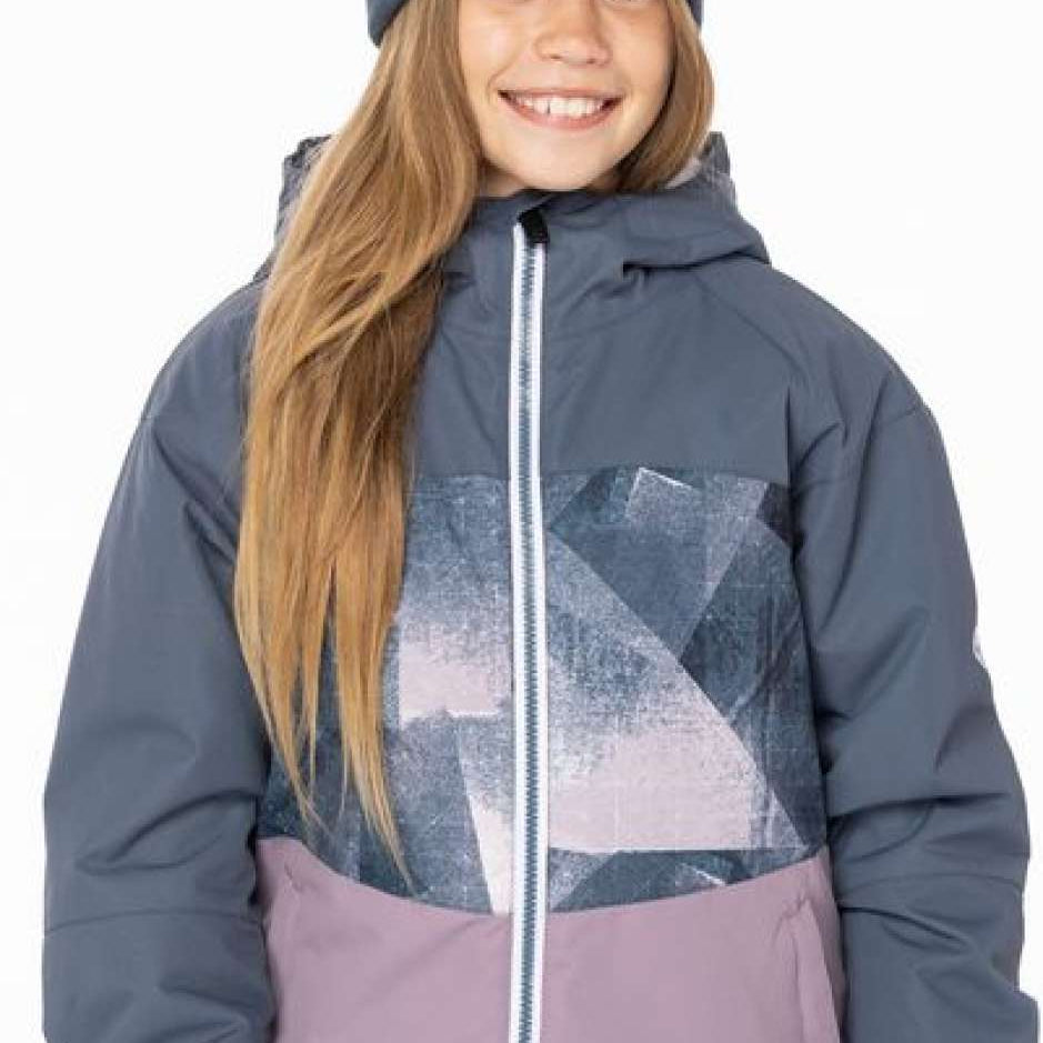A young girl with long blonde hair wearing the 686 brand Athena insulated jacket in blue-grey and dusty pink, showcasing a front view.
