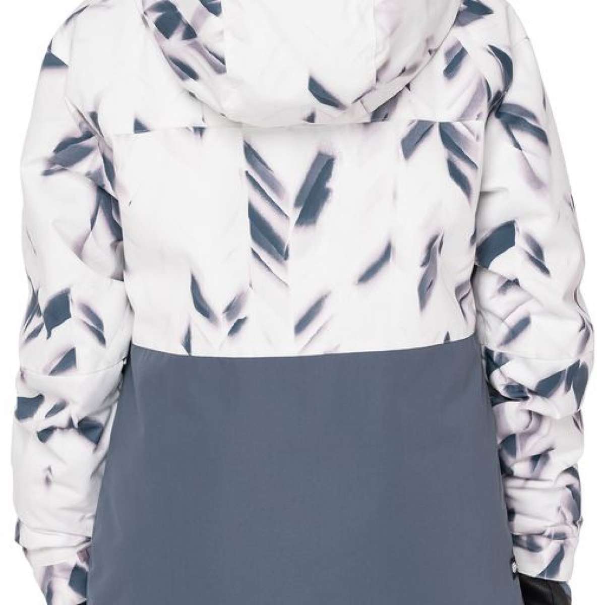 The 686 Girls Athena Insulated Jacket 2022-2023 in this image has a white upper half with gray abstract brush stroke pattern and a solid dark gray lower half.