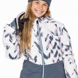 The 686 Girls Athena Insulated Jacket is predominantly white with grey brushstroke-style designs and a blue zipper running down the front.