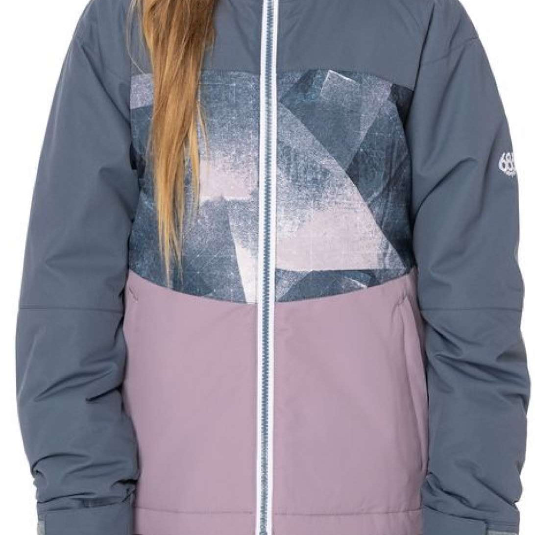 The 686 Girls Athena Insulated Jacket from 2022-2023 features a pink and gray color scheme with an abstract design on the chest area.