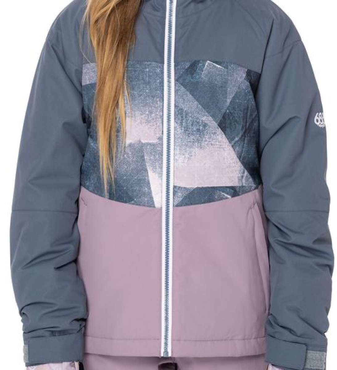 The 686 Girls Athena Insulated Jacket from 2022-2023 features a pink and gray color scheme with an abstract design on the chest area.