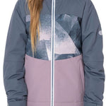 The 686 Girls Athena Insulated Jacket from 2022-2023 features a pink and gray color scheme with an abstract design on the chest area.