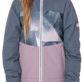 The 686 Girls Athena Insulated Jacket from 2022-2023 features a pink and gray color scheme with an abstract design on the chest area.