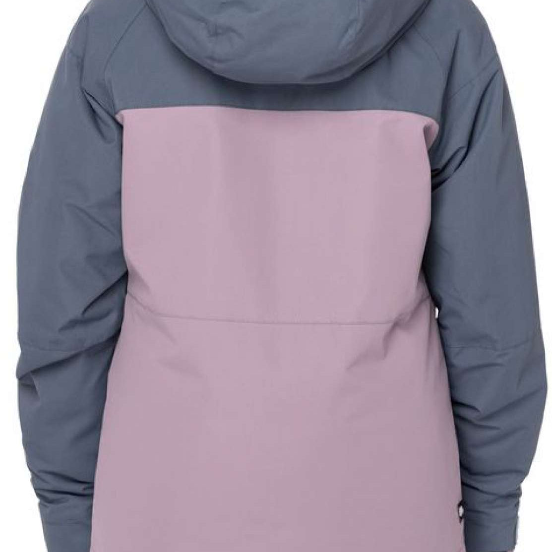 The 686 Girls Athena Insulated Jacket in grey and pink has an insulated hood and two zippered front pockets.