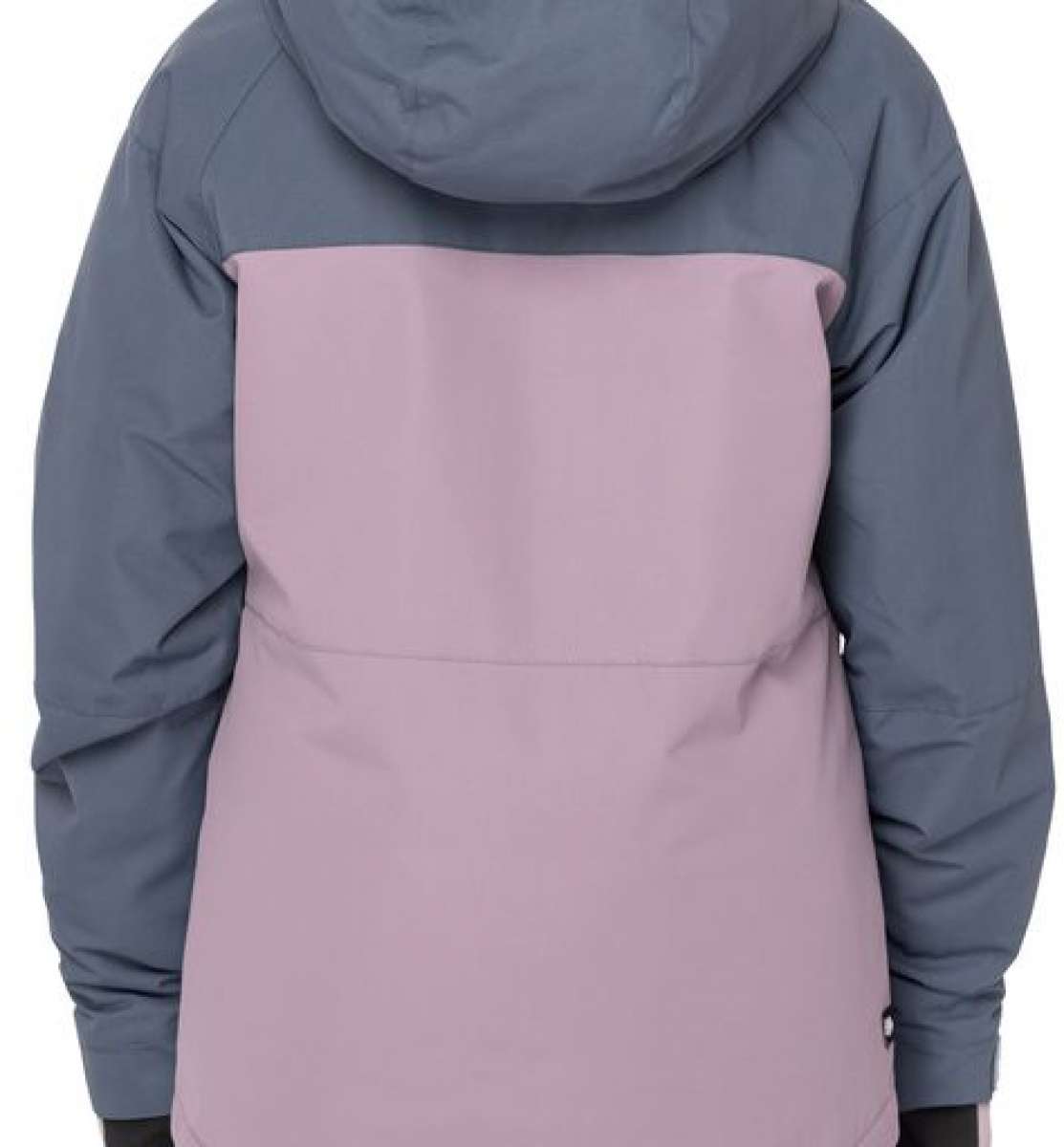 The 686 Girls Athena Insulated Jacket in grey and pink has an insulated hood and two zippered front pockets.