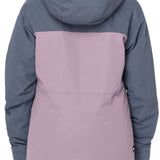 The 686 Girls Athena Insulated Jacket in grey and pink has an insulated hood and two zippered front pockets.