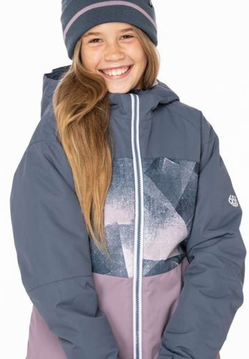 The 686 Girls Athena Insulated Jacket 2022-2023 features a dark gray color with light pink accents and an insulated hood.