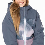 The 686 Girls Athena Insulated Jacket 2022-2023 features a dark gray color with light pink accents and an insulated hood.
