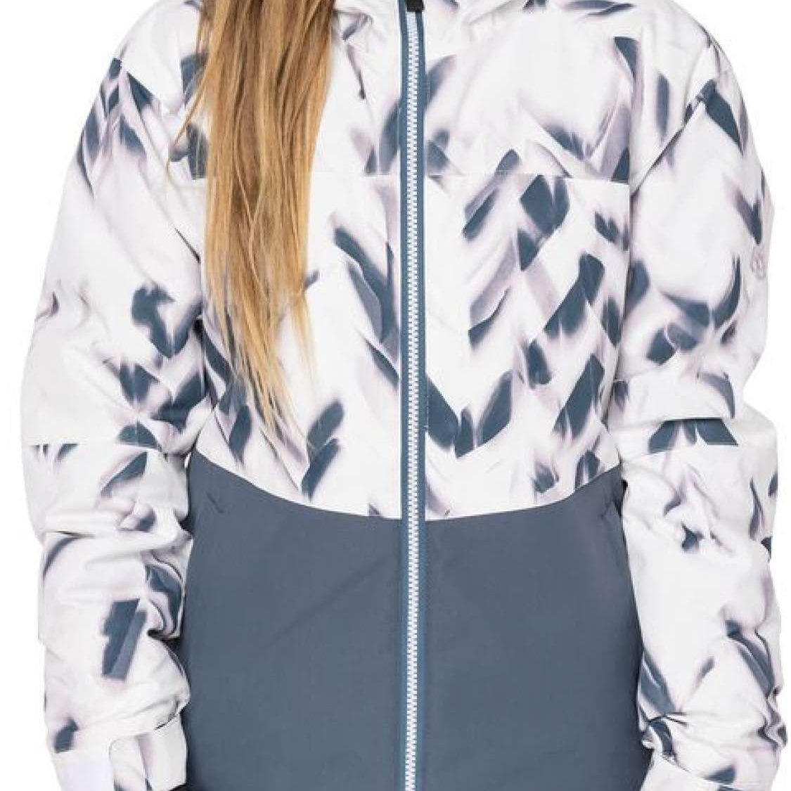 The 686 Girls Athena Insulated Jacket 2022-2023 has a white and grey abstract pattern with a black zipper down the front.