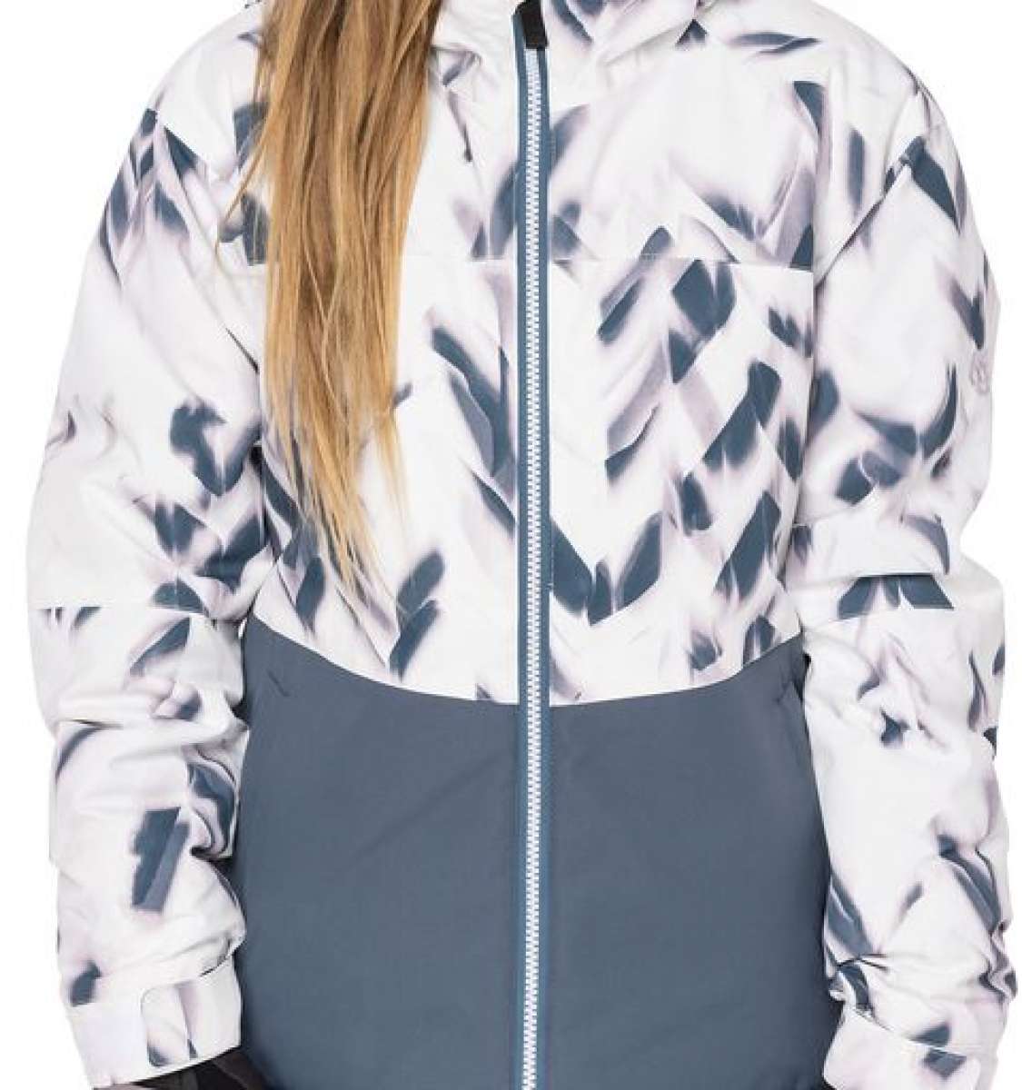 The 686 Girls Athena Insulated Jacket 2022-2023 has a white and grey abstract pattern with a black zipper down the front.