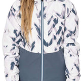 The 686 Girls Athena Insulated Jacket 2022-2023 has a white and grey abstract pattern with a black zipper down the front.