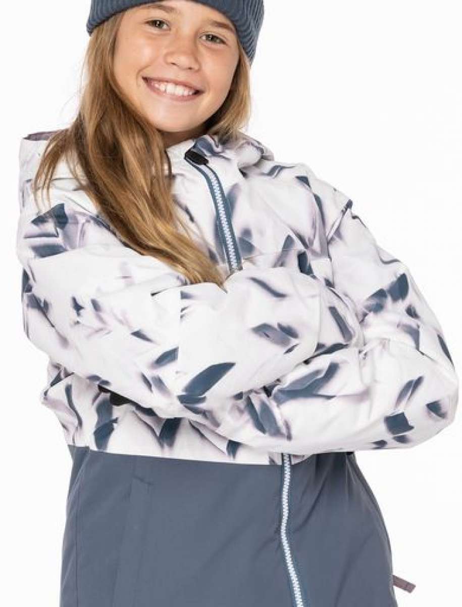 The 686 Girls Athena Insulated Jacket, with a white and blue abstract pattern, has a zippered front in the center and a hood.
