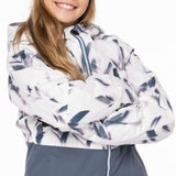The 686 Girls Athena Insulated Jacket, with a white and blue abstract pattern, has a zippered front in the center and a hood.