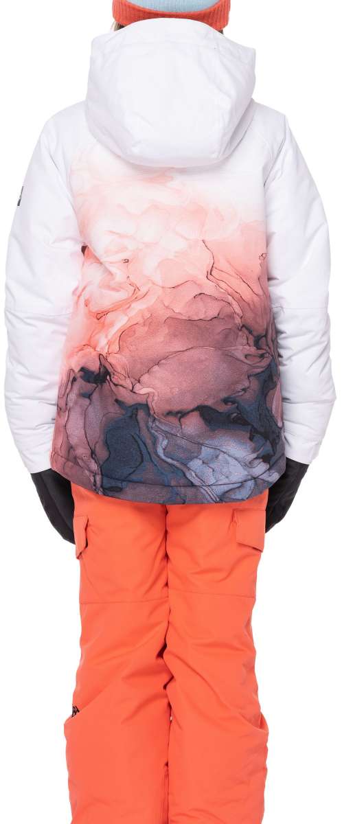 The 686 Hydra insulated jacket, designed for girls in 2023, showcases a white outer shell with a striking pink and purple marble pattern on the back.